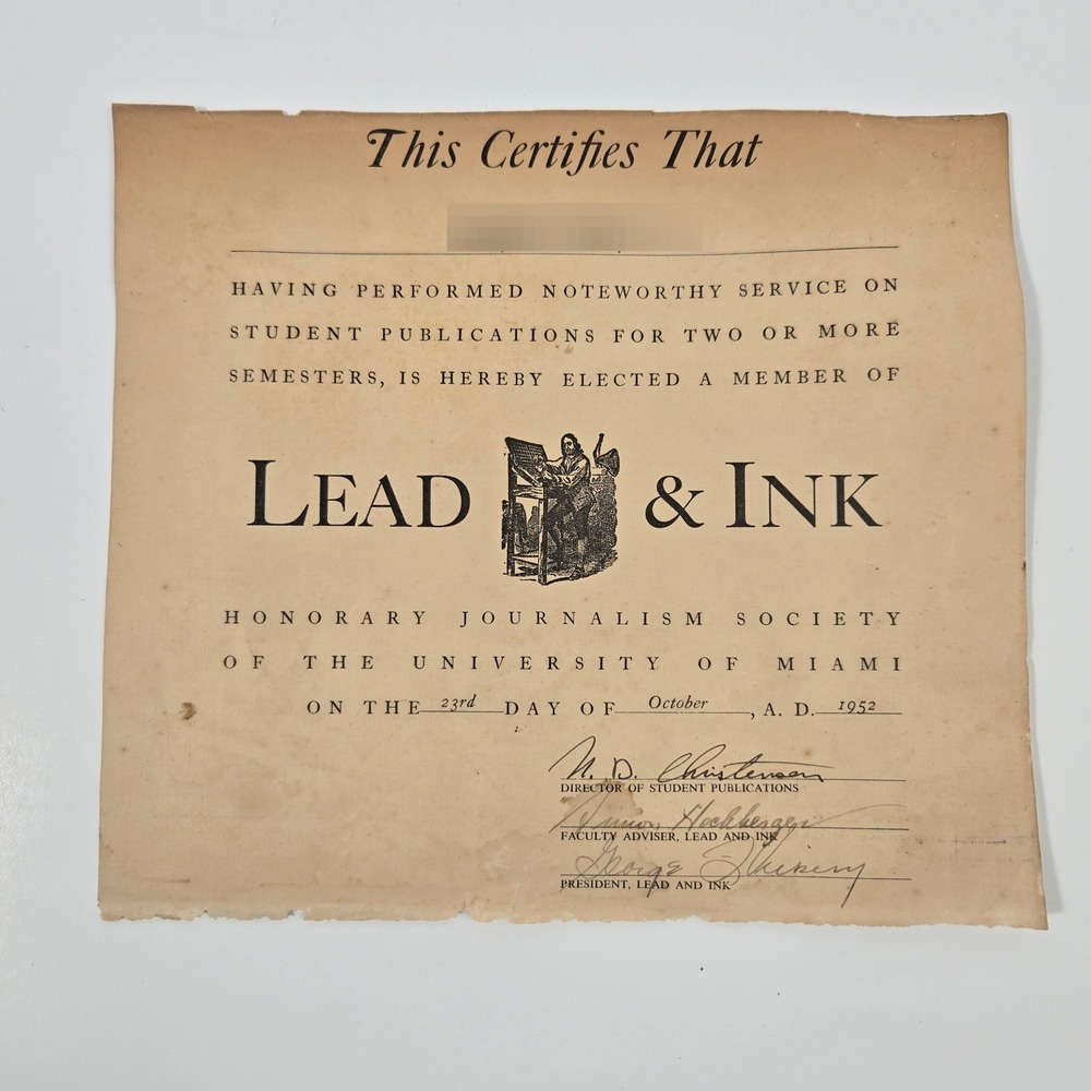 Vintage 1952 Lead & Ink Journalism Certificate University of Miami Ephemera